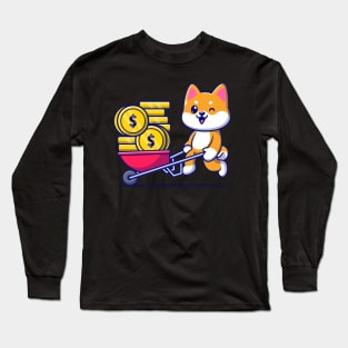 Cute Shiba Inu Dog Pushing Cart Gold Coin Cartoon Long Sleeve T-Shirt